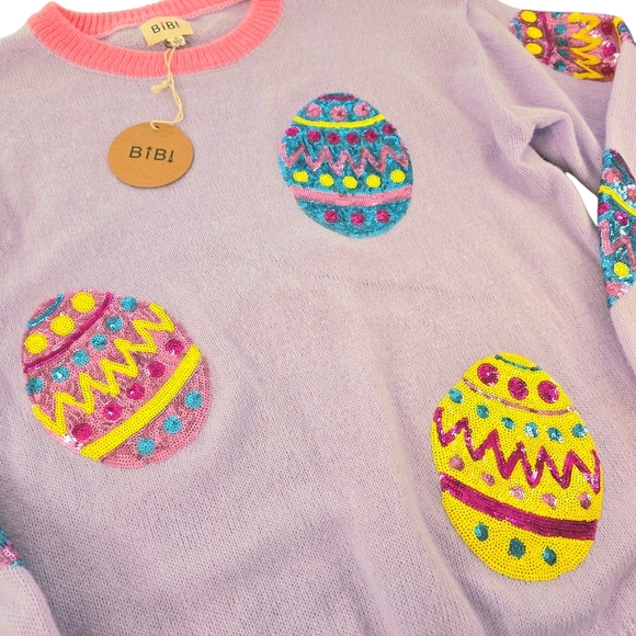 BiBi “Pop of Easter Eggs” Knit Sweater Size Small Pastel Lavender w/ Sequin Eggs - Picture 2 of 6